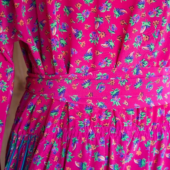 Vintage I. Magnin 100% Silk Fuchsia Long Sleeve Floral Boho Midi Dress Size L - Picture 13 of 17
